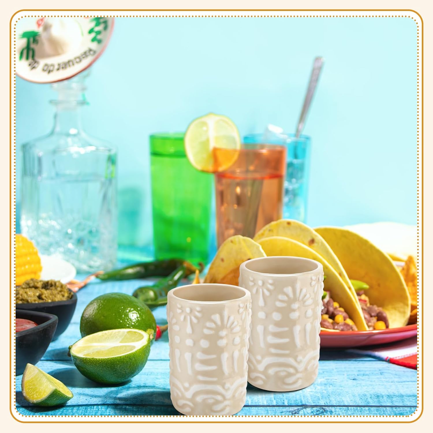 Roshtia 6 Pcs Mexican Tequila Shot Glasses Set 2 oz Talavera Shot Glasses Handmade Ceramic Cups with White Decoration Mexican Pottery Gift Mugs for Tequila Lover Bachelorette Party(White) - Image 5