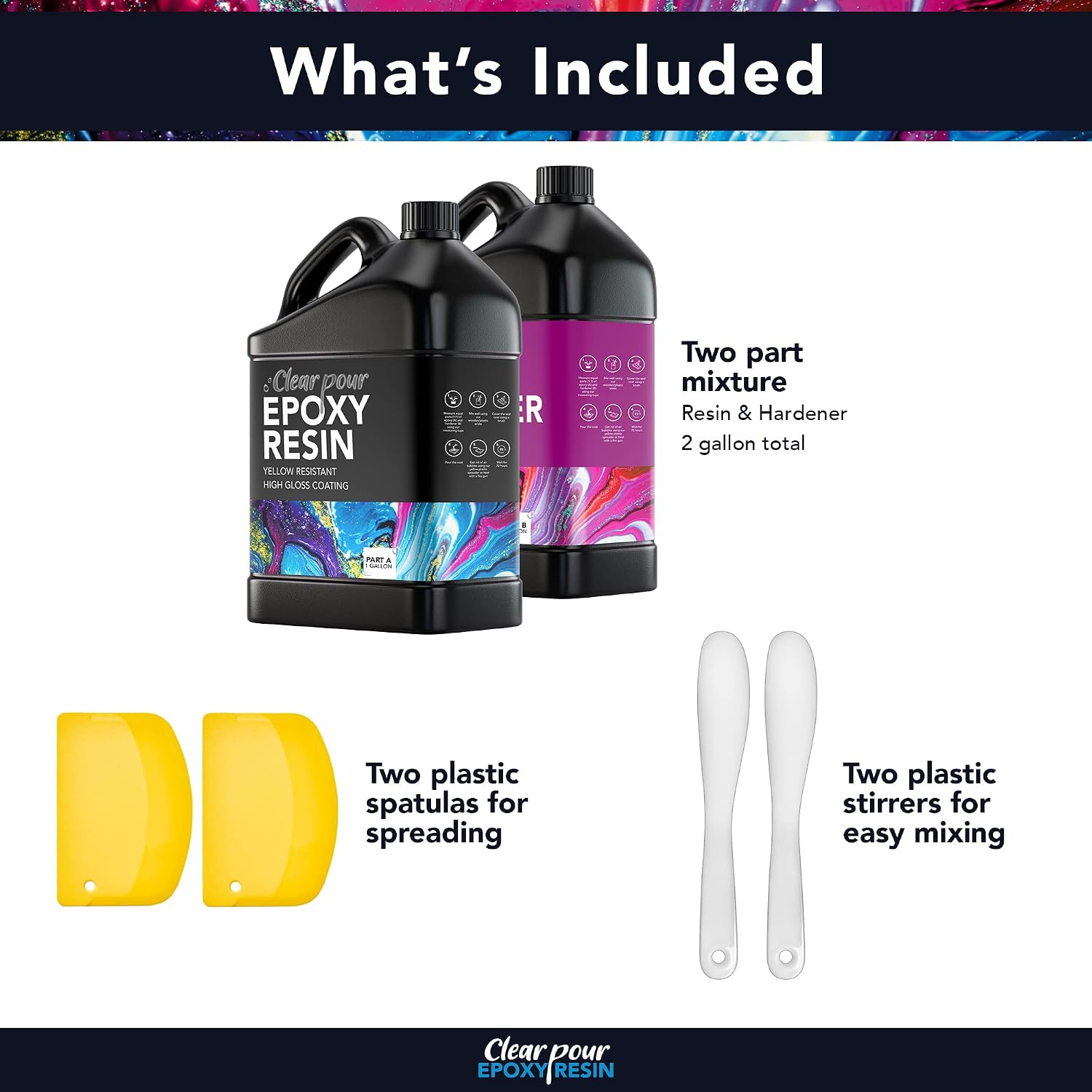 Clear Pour 2 Gallon Epoxy Resin Kit - Clear Epoxy Resin for Countertop, Table Top, Art, Craft, DIY, Wood & Resin Molds (1 Gallon x 2)