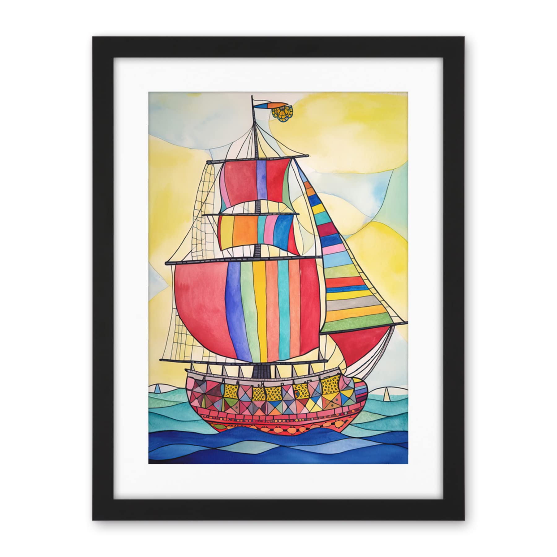 Artery8 Rainbow Colour Sailing Ship Folk Art Artwork Framed Wall Art Print 18X24 Inch
