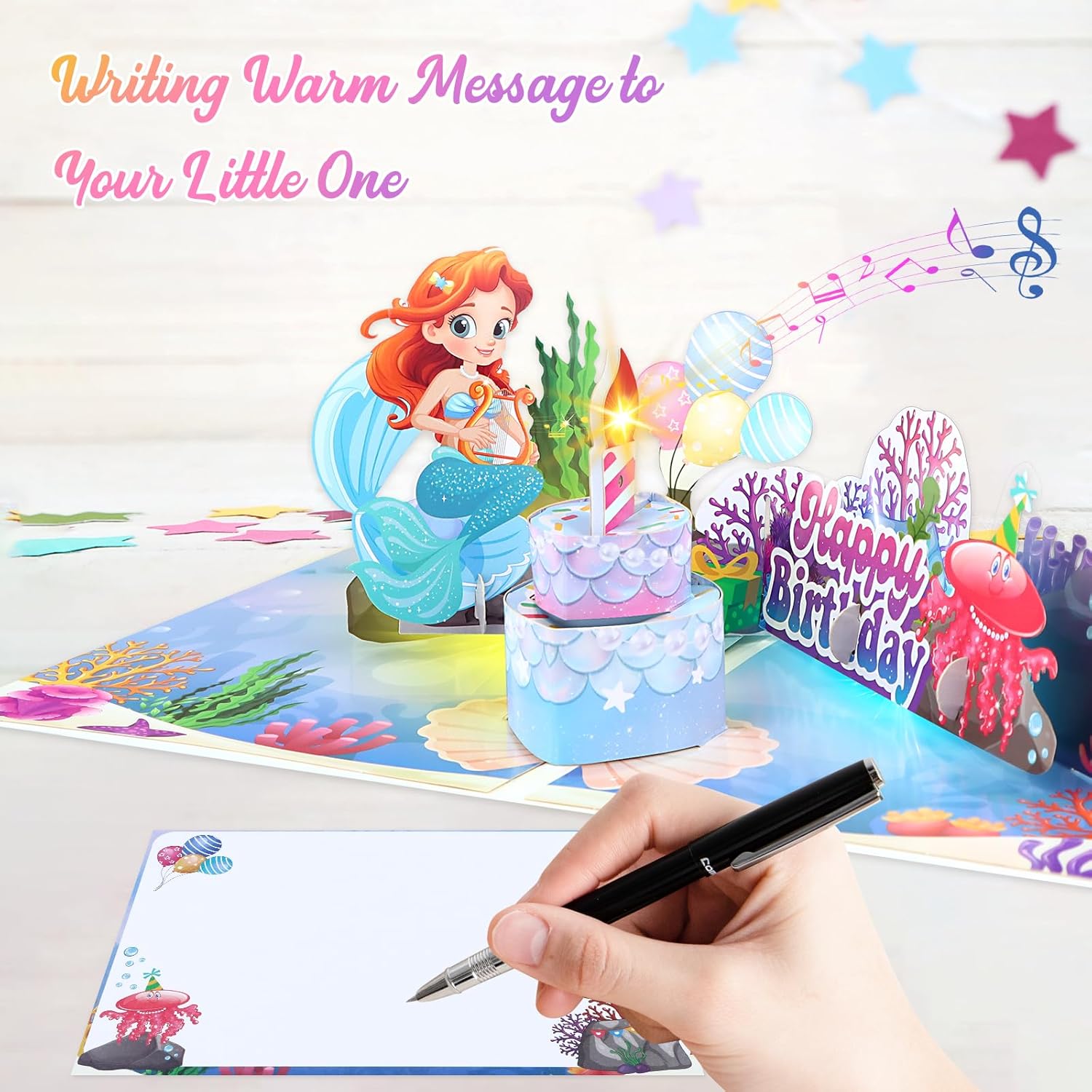 D24TIME Musical Birthday Card for Daughter - Mermaid Pop Up Bday Card with Music & Lights & Blowable Candle, 3D Happy Birthday Card for Kids Girl Grandaughter - Image 7