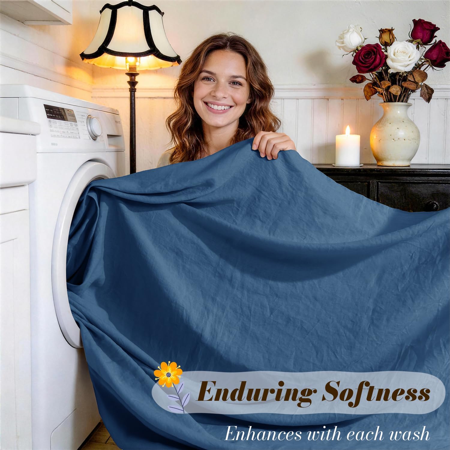 SONORO KATE 100% French Pure Linen Sheets, Breathable and Durable Line Full Size Sheets, Anti-Tear Line Bed Sheets, Machine Washable, 16 Inch Deep Pocket - 4 Piece (Navy Blue, Full) thumbnail
