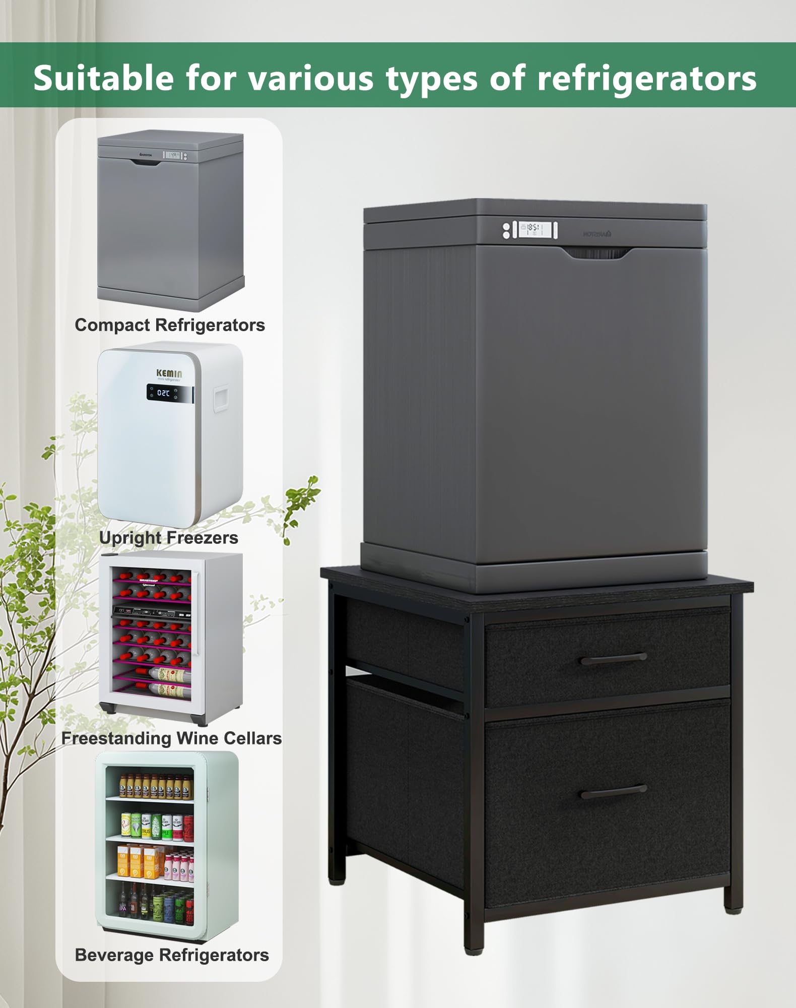 Mini soporte para refrigerador con almacenamiento, mini gabinete para refrigerador con cajones de tela, mesa compacta de 250 libras, estante de barra de café, para el hogar, oficina, dormitorio 3