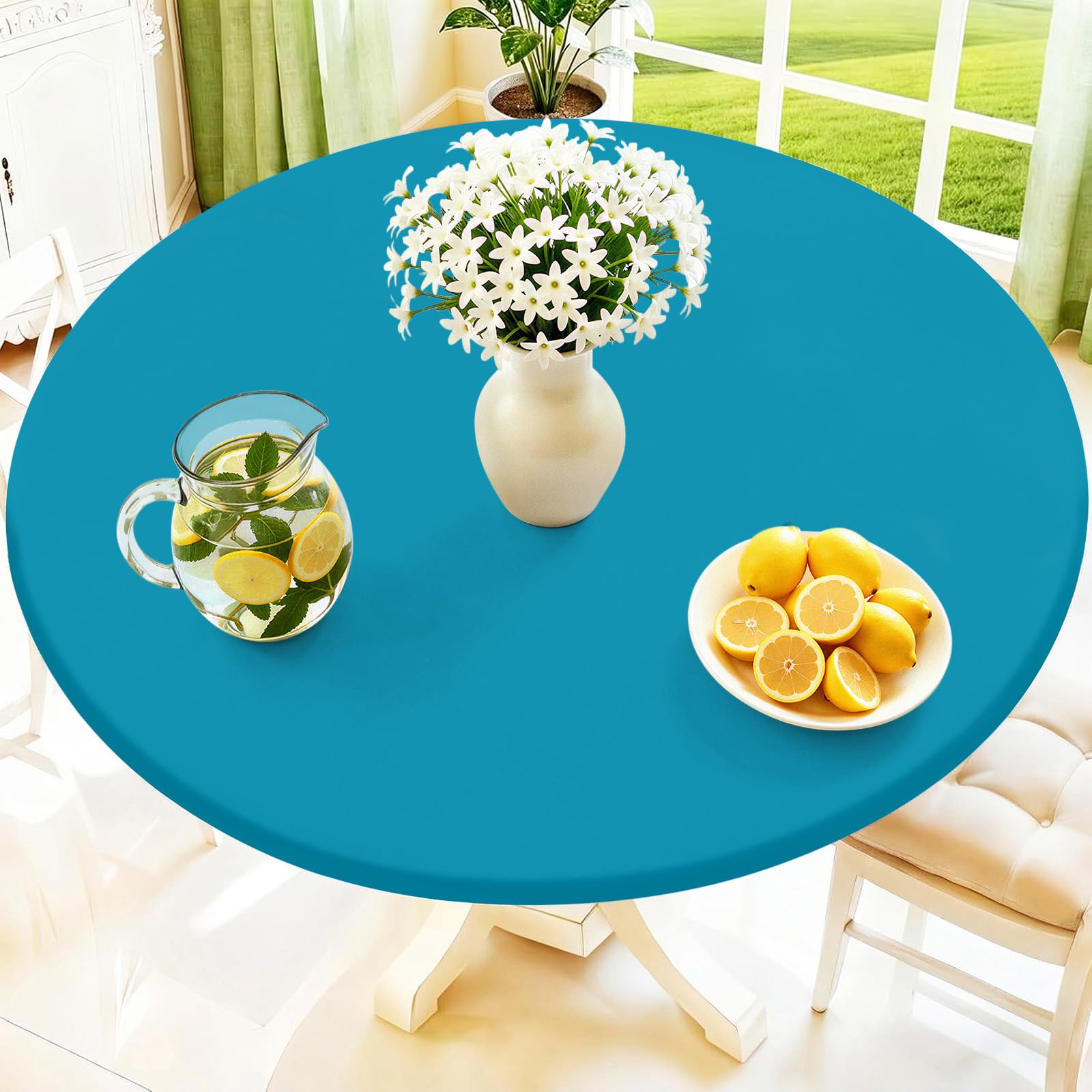 Moosfor Round Spandex Tablecloth, Elastic Fitted Waterproof Tablecloths for 42"-50" Tables, Stretch Washable Picnic Table Cover for Camping, Dining, Indoor and Outdoor, Turquoise — image 1