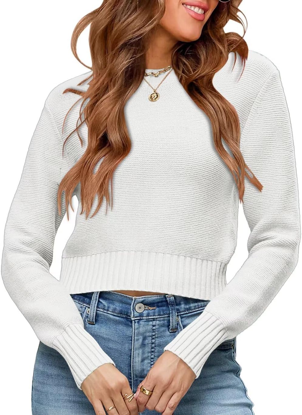 Womens Fall Cropped Sweaters 2026 Trendy Long Sleeve Crewneck Ribbed Knit Pullover Jumper Tops