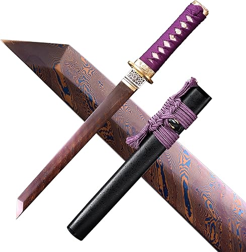 Miniatura 2 de Espada samurái de acero al carbono, espada pequeña japonesa Tanto espada pequeña Katana de espiga completa (morado)