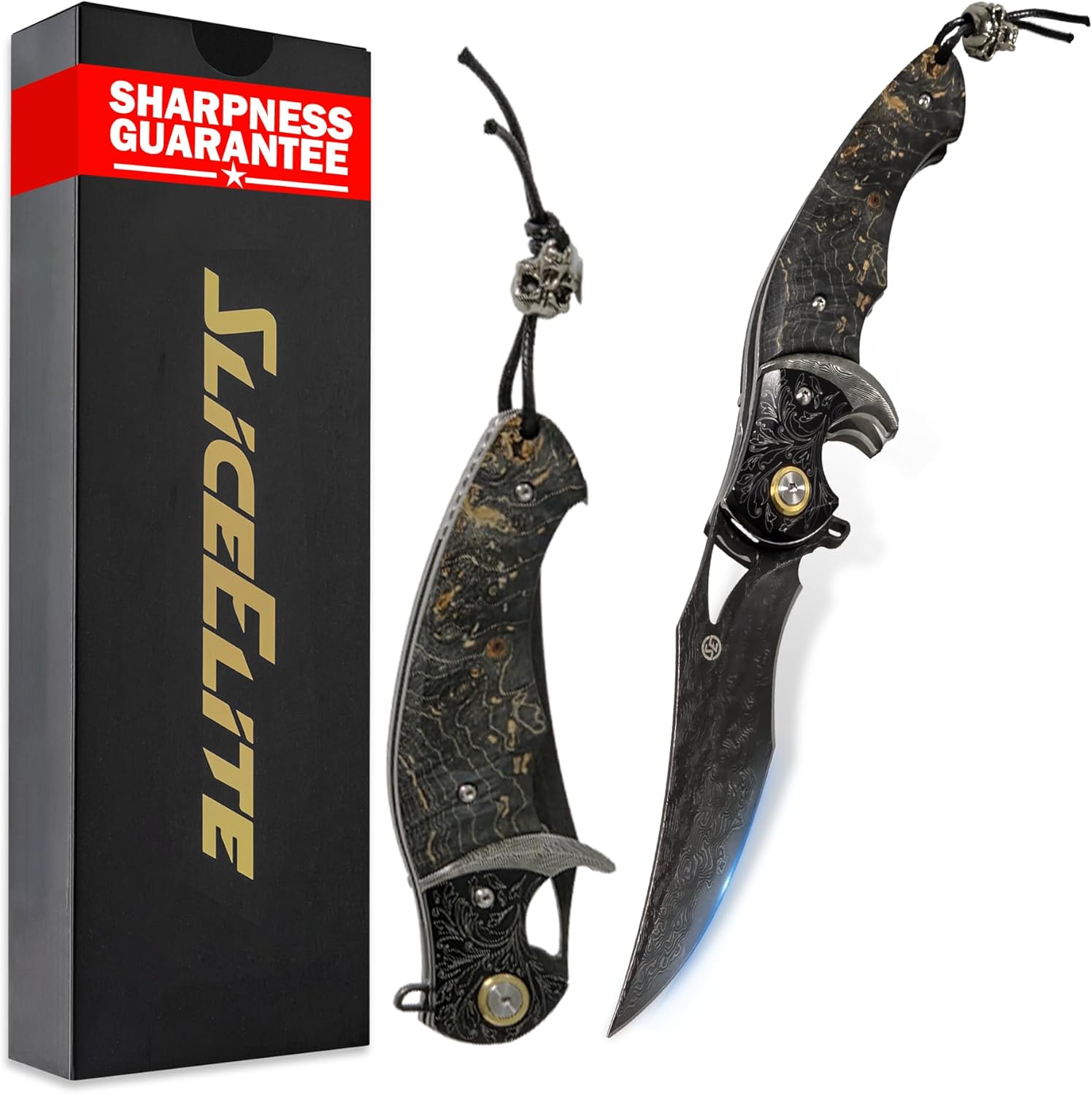 SliceElite Black Lotus Folding Knife VG10 Damascus Steel 89 Layer Blade Stabilized Maple Burl Wood Handle Compact Small Pocket Folding Knife for Everyday Use Gifting and Travel Carry