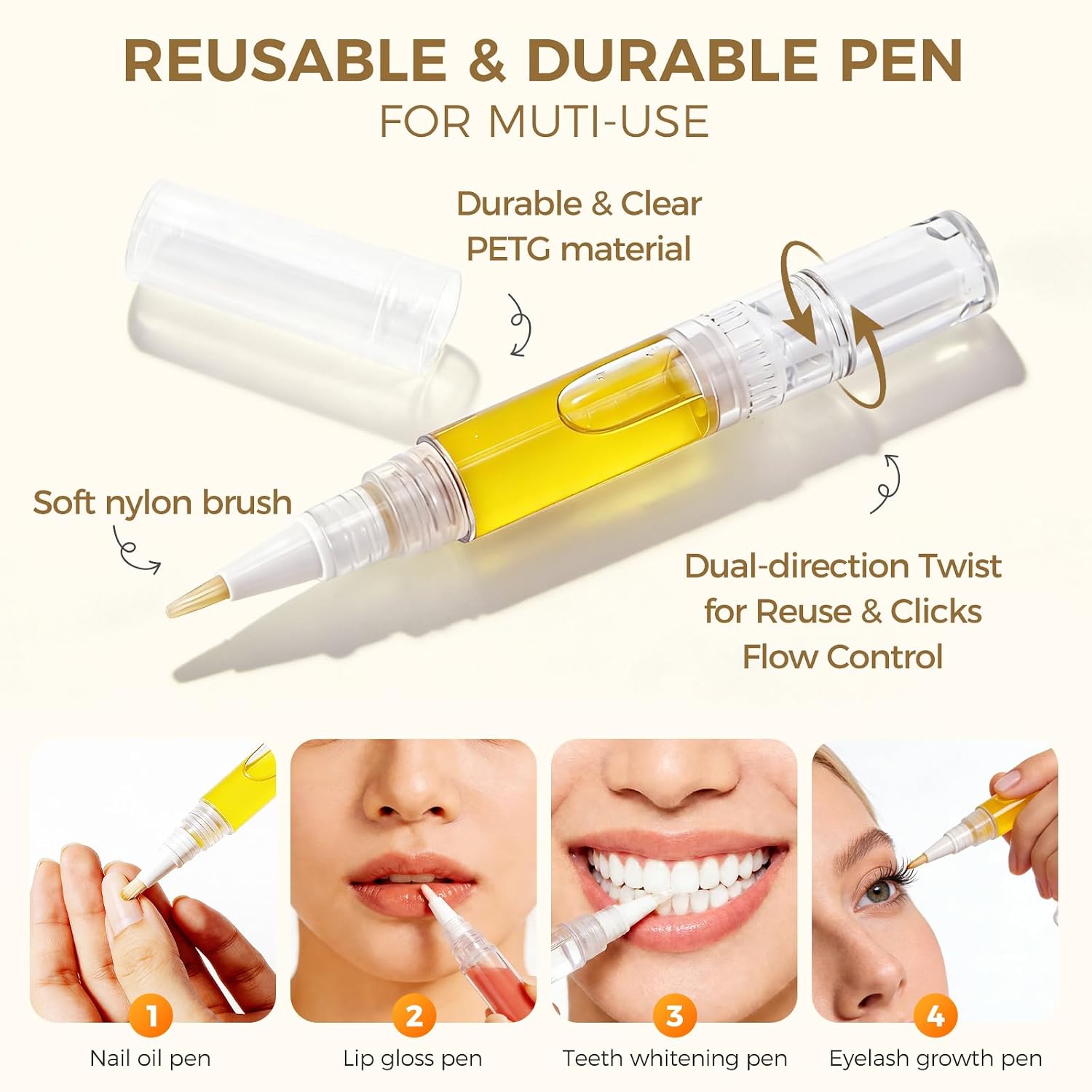 Refillable Empty Cuticle Oil Pen, 3 Pack, Twist-to-Reset | Empty Nail Pen with Twist-Off Brush Tip & Resettable Base, 5ml Travel Size, Leak-Proof for DIY Oil, Home Manicure