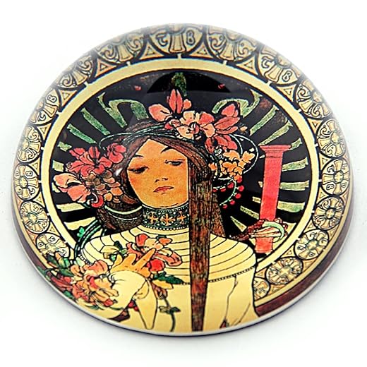 Alphonse Mucha Glass Half-Dome Paperweight – Art Nouveau Women Artwork – Parastone Museum Gift Collection