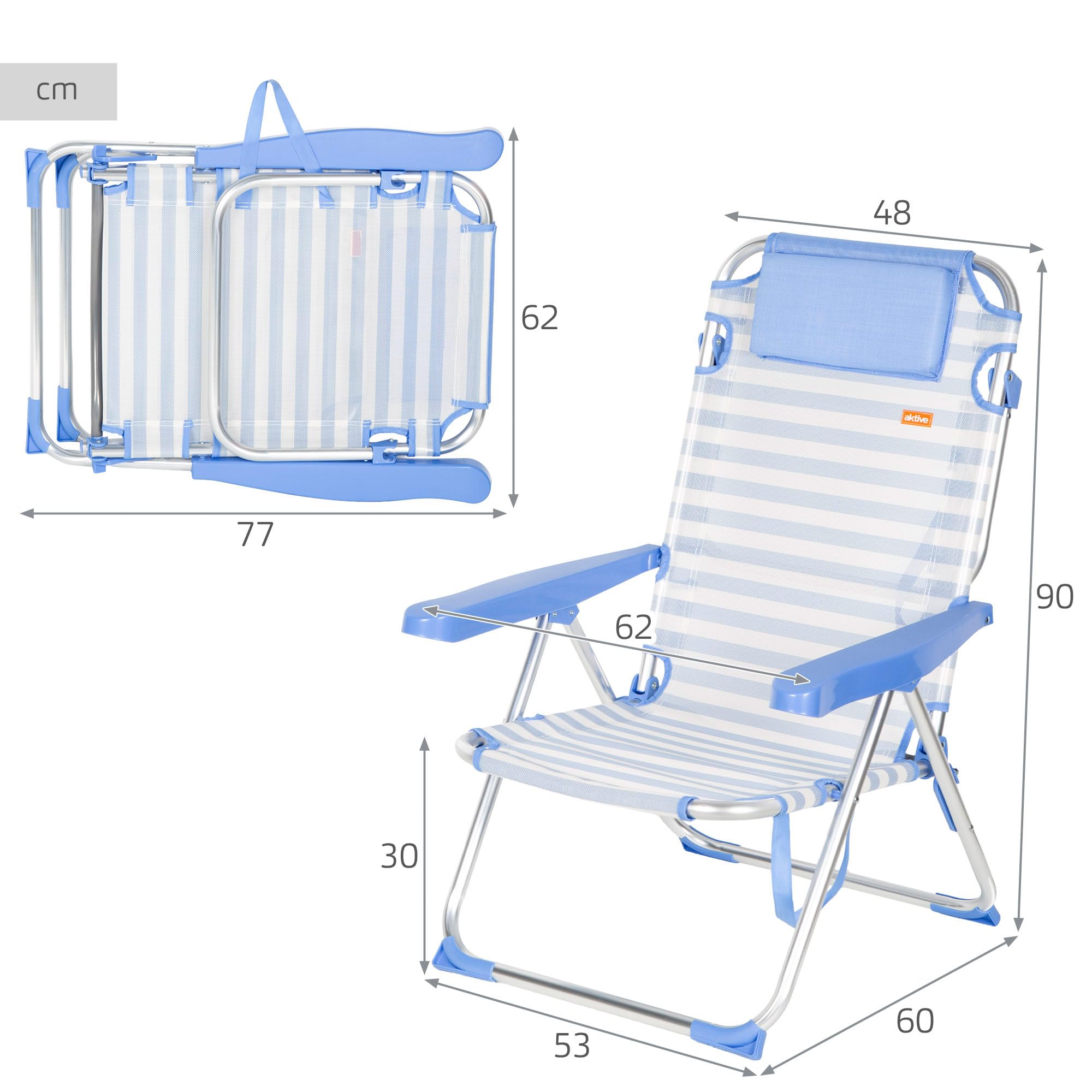 AKTIVE Silla de Playa Plegable, Rayas marineras, 48x60x90 cm, 5 Posiciones, Aluminio y textileno, Antivuelco, Soporta 110 kg, Cojín, Asa Transporte, Bolsillos, Tumbona jardín (62548)