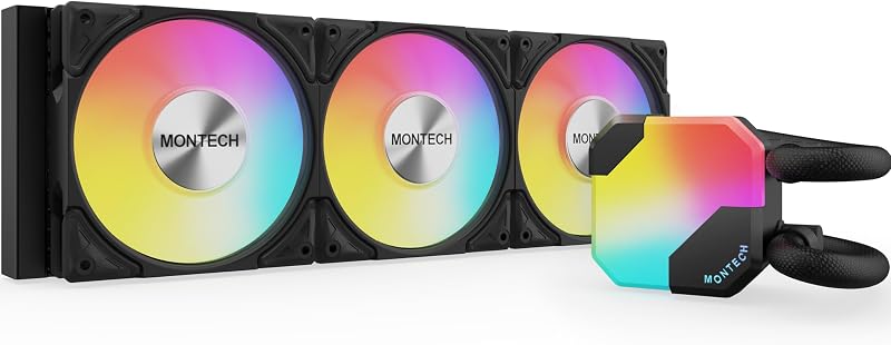 MONTECH HyperFlow ARGB 360mm AIO CPU Liquid Cooler, 3 ARGB Fans, Black | Intel LGA1851/1700, AMD AM5/AM4, 3100RPM Pump, Pre-Installed 28mm-Thick 120mm PWM Fans, ARGB Sync, 6-Year Warranty