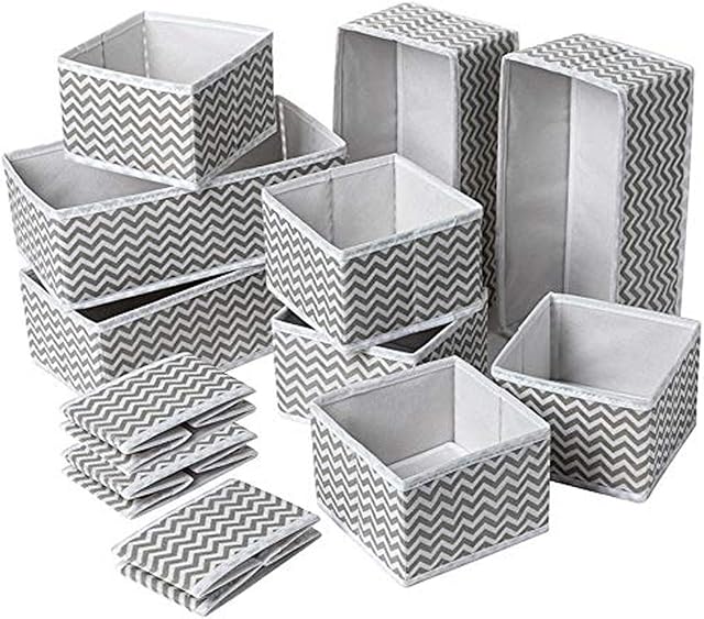 Evance Set of 12 Dresser Drawer Organiser, Fabric Wardrobe Organiser for Cupboard, Drawer Insert, Foldable Fabric Storage Bins, Closet Dividers for Socks, Bras, Underwear, Scarves, Ties (12 Set-Grey)