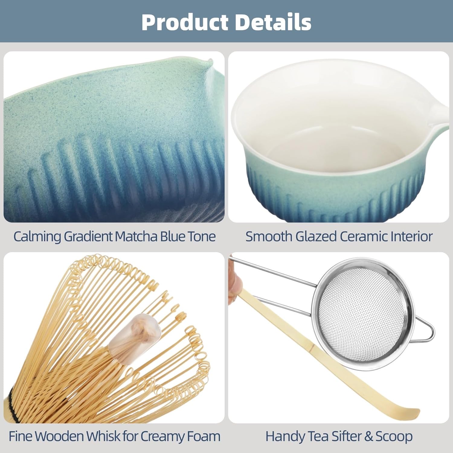 Matcha Whisk Set, 11 Pcs Ceramic Matcha Making Set, Blue Gradient Tea Bowl with Cups, Whisk, Scoop, Spoon, Holder, Tea Canister, Sifter, Towel, Scoop Rest