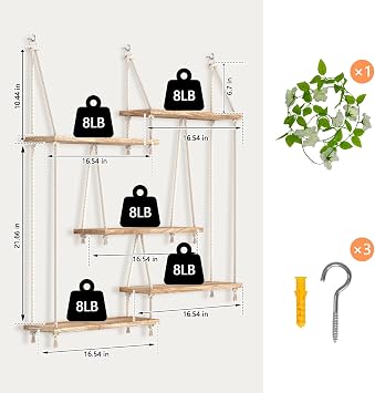 Hanging Shelves for Wall with Vine Lights 5 Tier Boho Wall Shelf Macrame Floating Shelves Rope Rustic Wood Organizer Storage Hanger Rack Decor Aesthetic for Succulents Bedroom Kitchen Bathroom Home