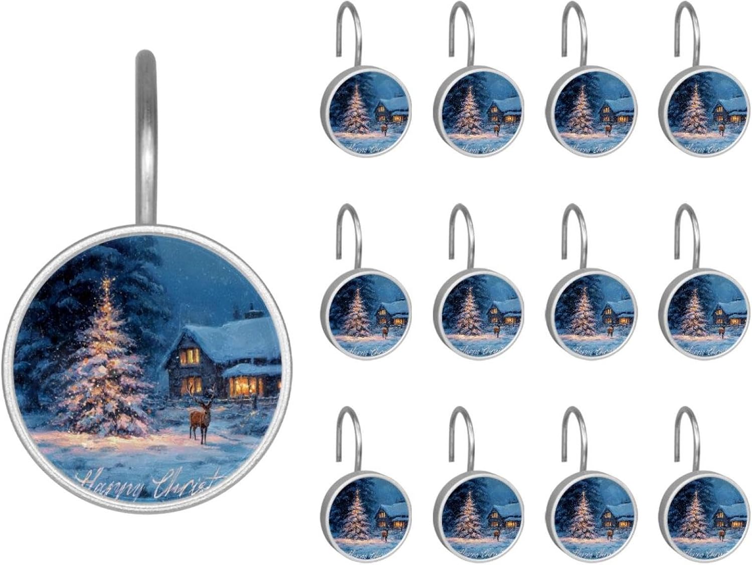 12PCS Happy Christmas (8) Shower Curtain Hooks Metal Rust Resistant Decorative Shower Curtain Hooks Bathroom Decorations