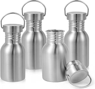 Volhoply 12oz Uninsulated Single Walled Small Water Bottle 4 Pack, Stainless Steel Reusable Mini Water Bottles with Handle, BPA Free & Plastic Free 18/8 304 Metal Water Bottles for Camping, Hikers