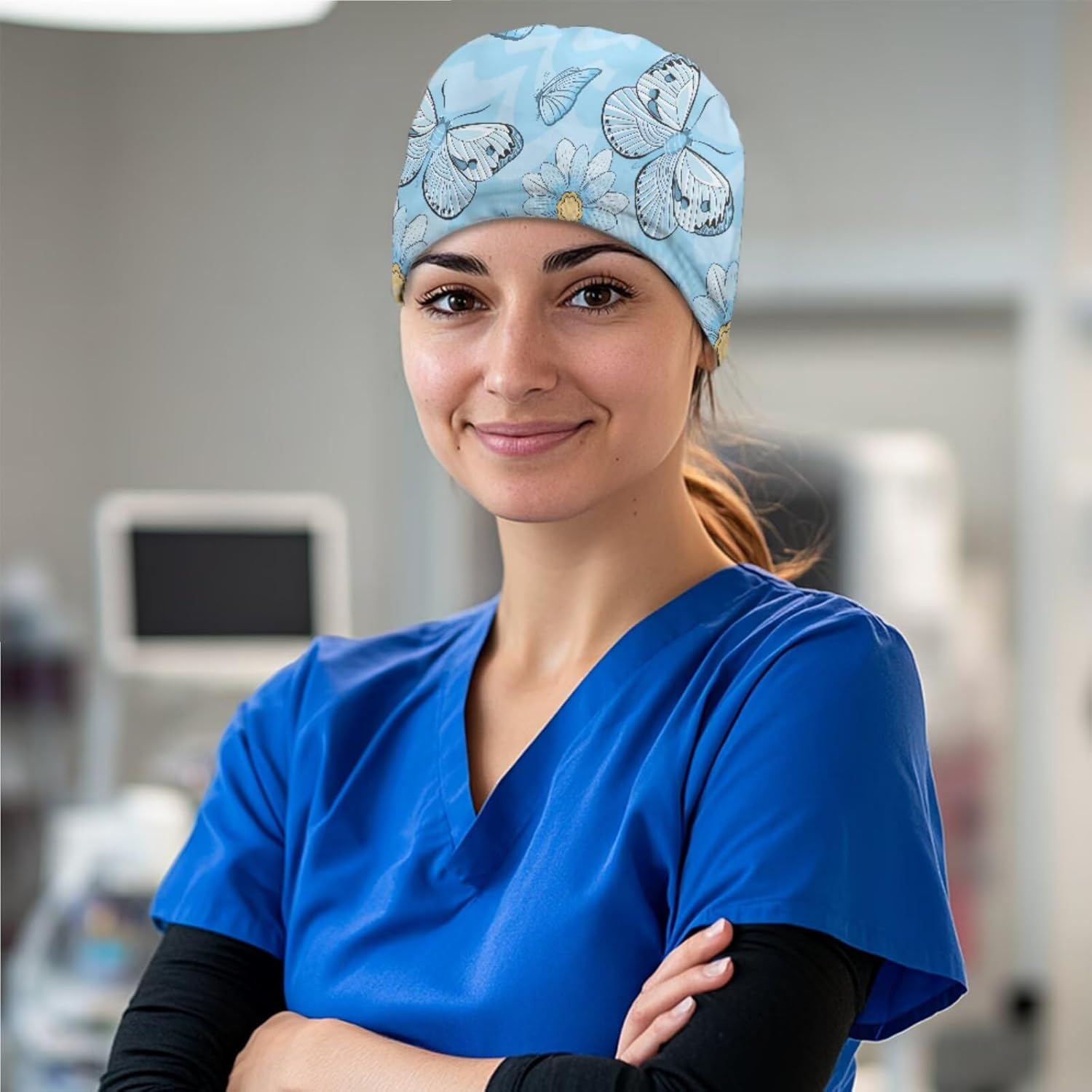 Women's Scrub Top&Nurse Cap 2-Piece Set,V-Neck Soft Stretch Medical Shirt with Pockets,Comfortable Nurse Uniform