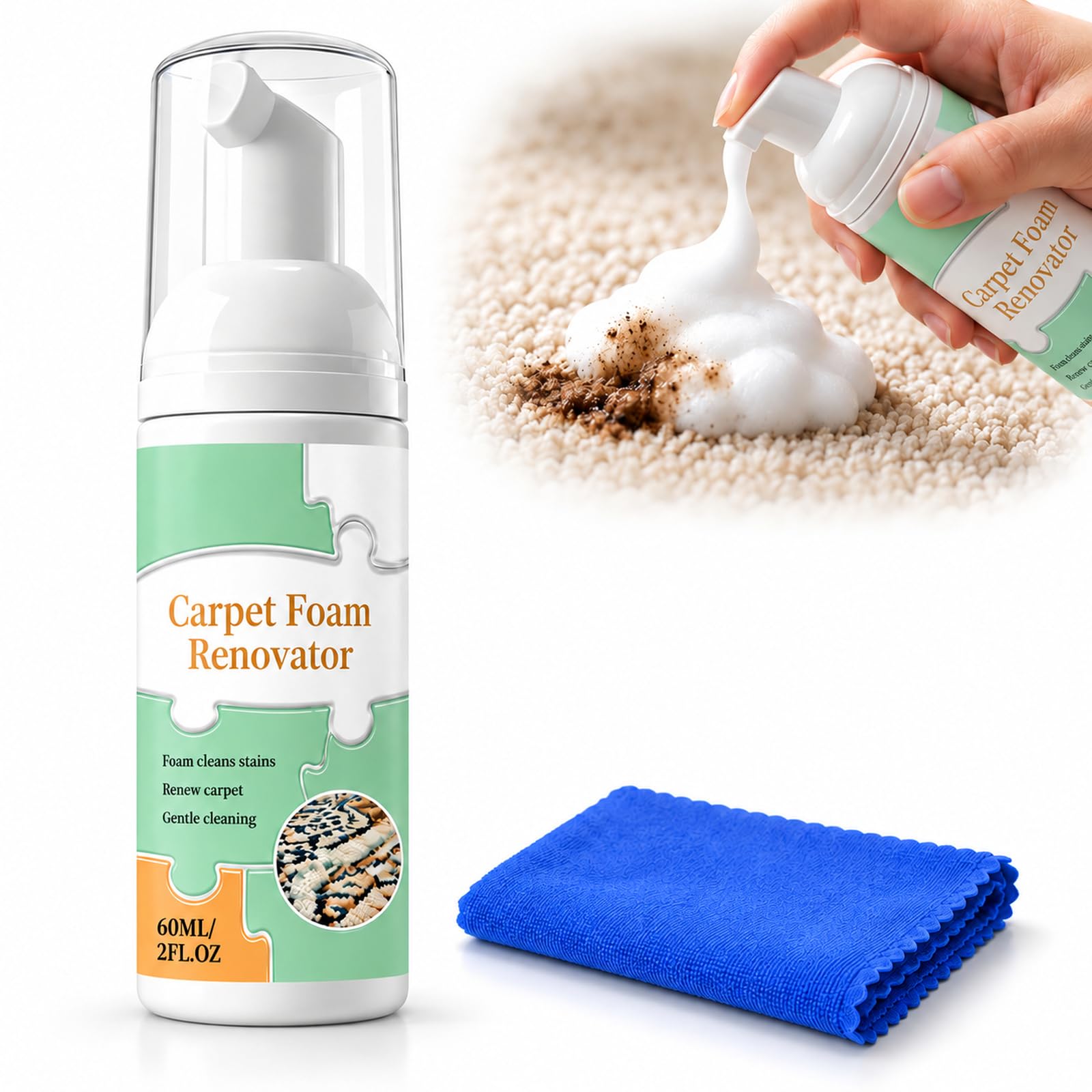 2026 New Waterless Carpet Foam Cleaner, No-Rinse Spray with Towel, 2 fl oz