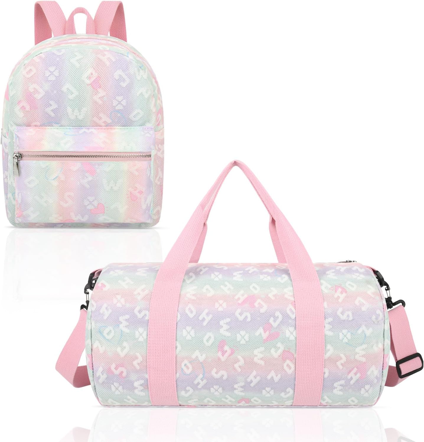 Dance Bag and BackPack Set for Girls, 2PCS Ballet Sport Gym Duffle Overnight Travel Cute Bags for Dancers, Girls, Teens, Student Athletes (Pink Rainbow)
