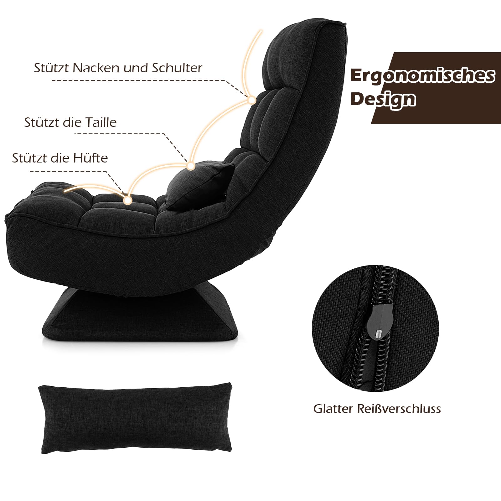 RELAX4LIFE Silla de Suelo Giratoria de 360° con Respaldo Ajustable de 4 Ángulos, Sofá Perezoso, Silla de Meditación Plegable con Cojín Lumbar para Oficina y Hogar (Negro)