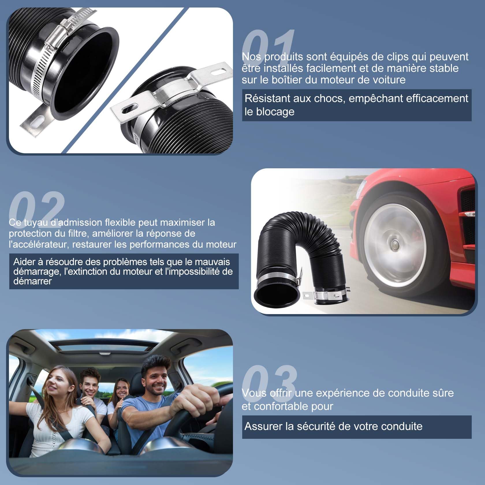 CarBole 76mm Tuyau d'admission d'air, Rétractable Jusqu'à 1m | Conduit D'admission D'air avec Pince de Montage, Modifié Prise D'air Tuyau Flexible Pour Voiture