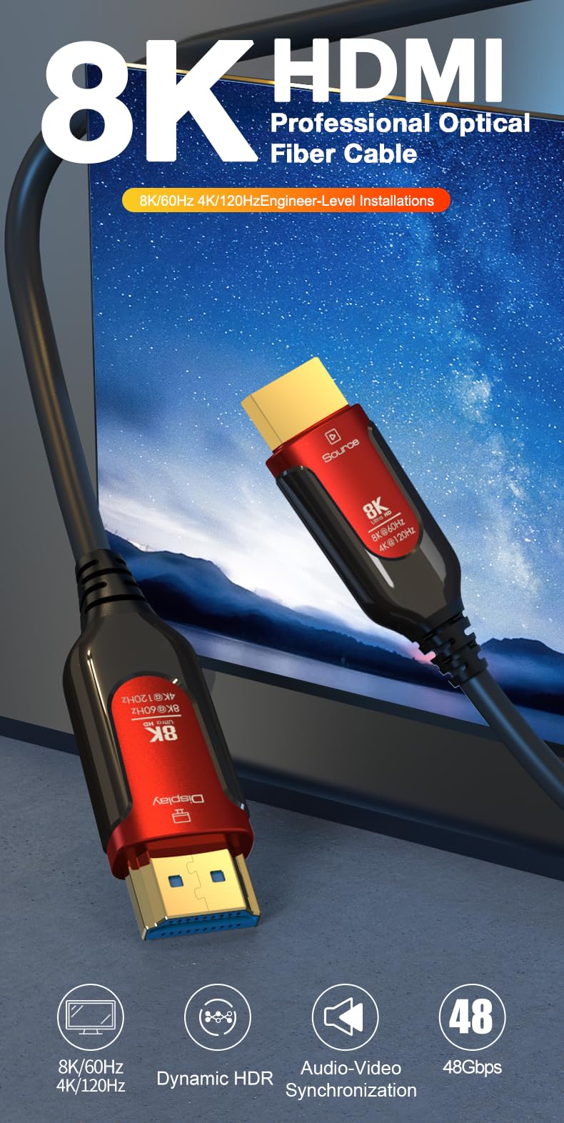 PREMIUMCORD 8K Cable de Fibra Óptica HDMI 2.1, Ultra Alta Velocidad 48 Gbit/s, 3D, EDID, eARC, HDR, Resolución 8K@60Hz 4320p, 4K@240Hz, Compatible con PS5, Xbox X, PC, TV, Chapado en Oro, Longitud 25m