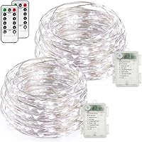 Vista 1 de buways Luces de hadas, paquete de 2 unidades, funciona con pilas, impermeable, blanco frío, 50 luces LED, alambre plateado de 16.4 pies con control