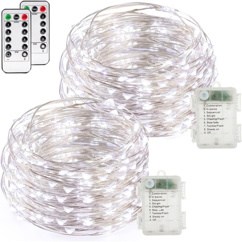 buways Fairy Lights 2-Pack Battery Operated Cool White 50 LED Fairy String Lights,16.4ft Sliver Wire Light with Remote Control for Christmas Party Garden Home Decoration