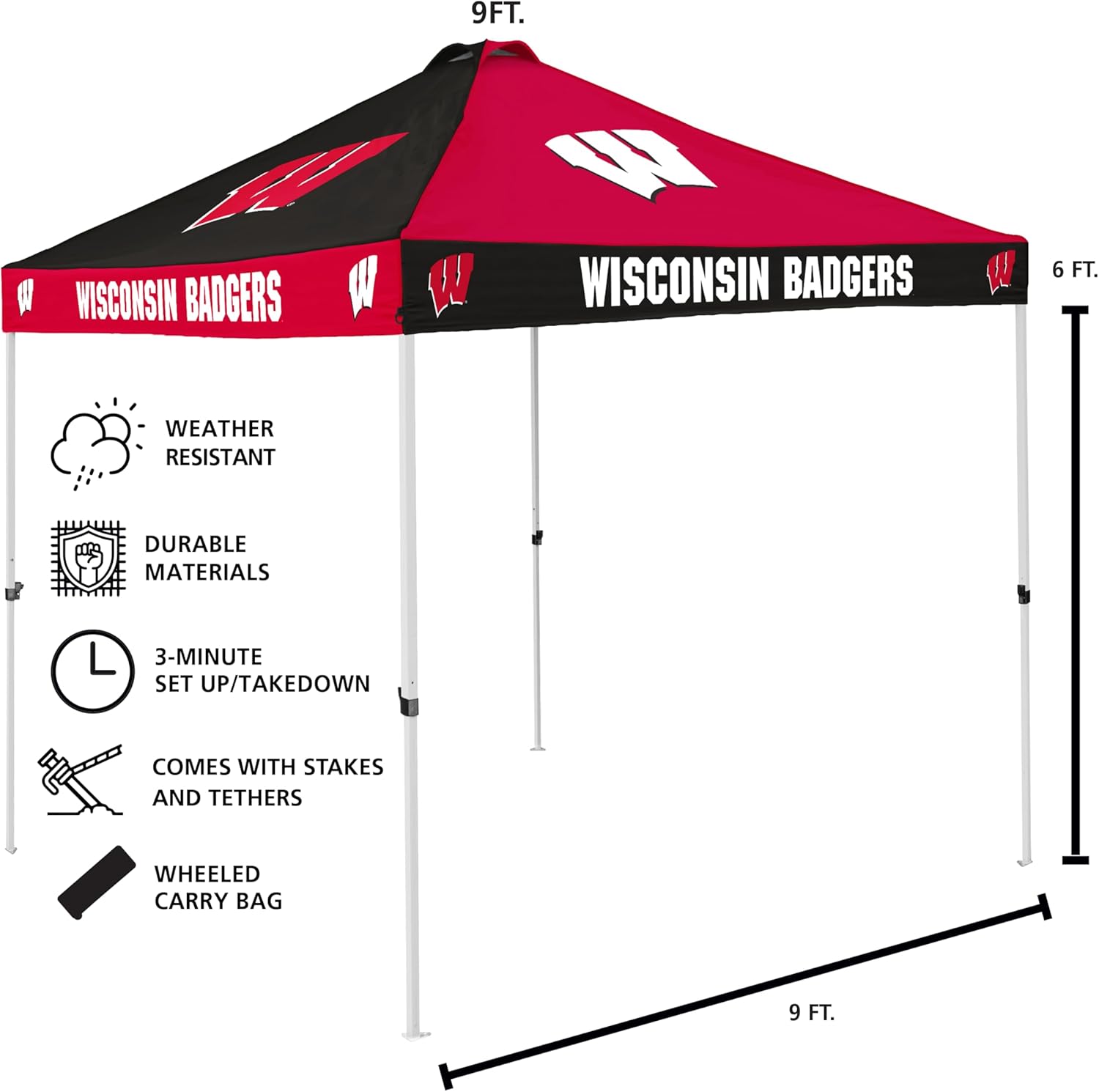 Logo Brands NCAA CB Tent, Wisconsin Badgers, 9 foot X 9 foot,Red