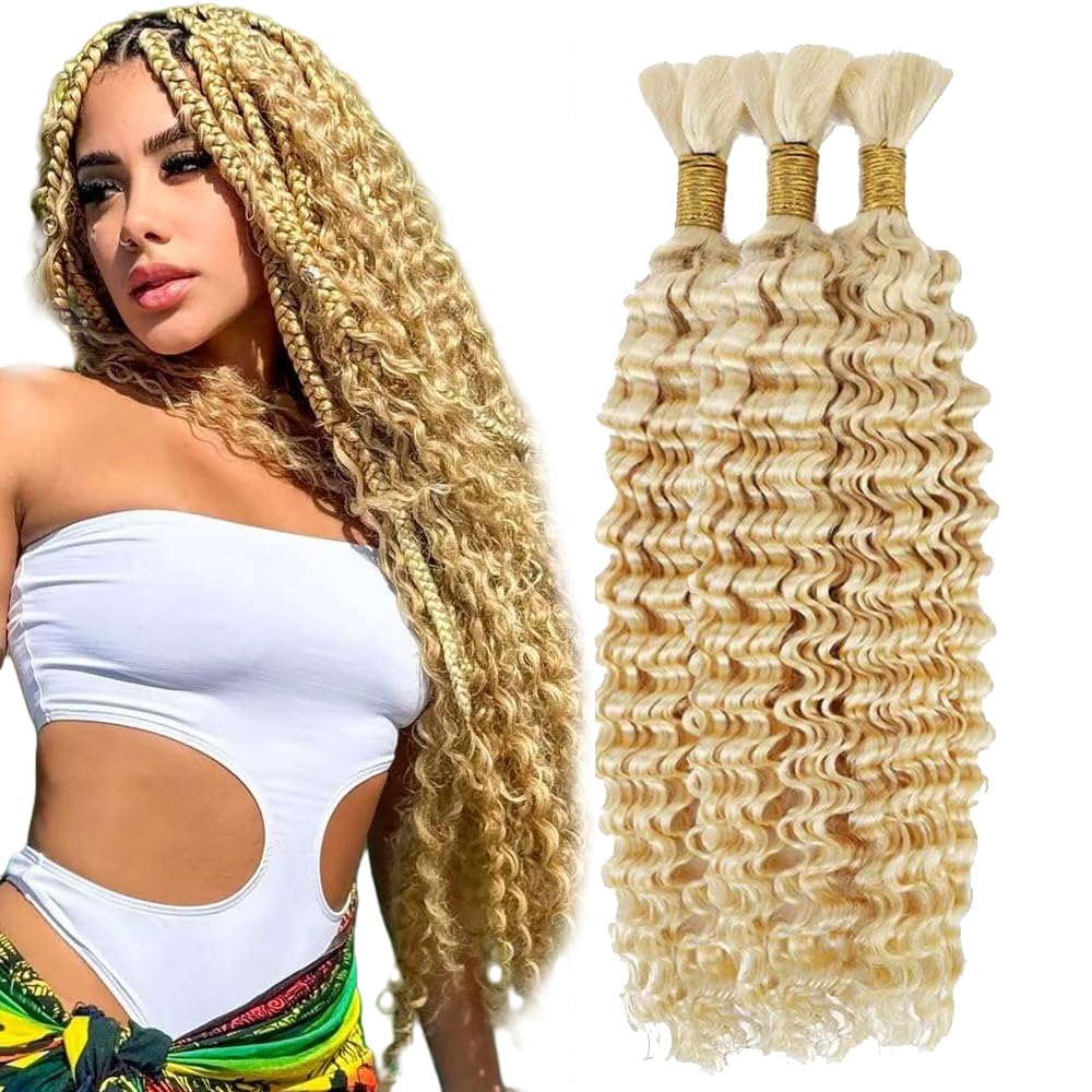Evaxilc #613 Blonde Color Deep Wave 50g/Bundle Bulk Hair For Braiding 3 Bundles/Pack Unprocessed Virgin No Weft For Braiding Wavy Human Hair Extensions 16 16 16 Inch