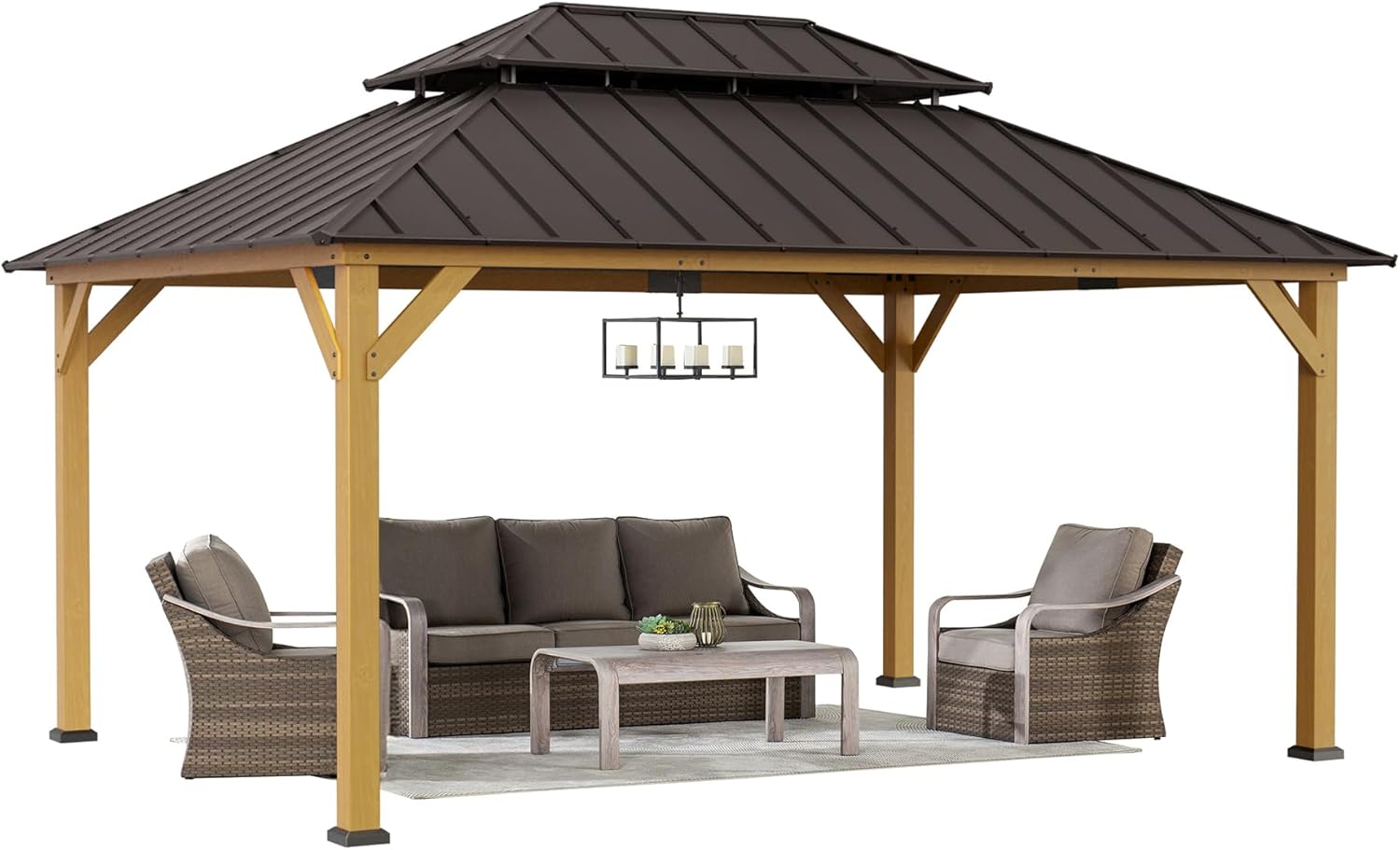 SUNJOY 12 x 16 ft. Wood Gazebo, Outdoor Patio Cedar Framed Steel Hardtop Gazebo with 2-Tier Metal Roof, Suitable for Patios, Lawn and Backyard, Dark Brown + Natural Wood