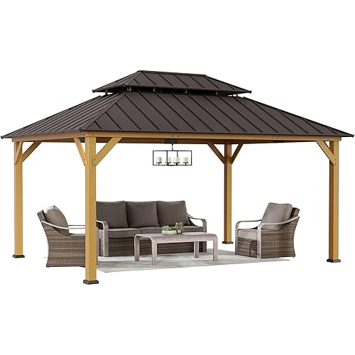 SUNJOY 12 x 16 ft. Wood Gazebo, Outdoor Patio Cedar Framed Steel Hardtop Gazebo with 2-Tier Metal Roof, Suitable for Patios, Lawn and Backyard, Dark Brown + Natural Wood