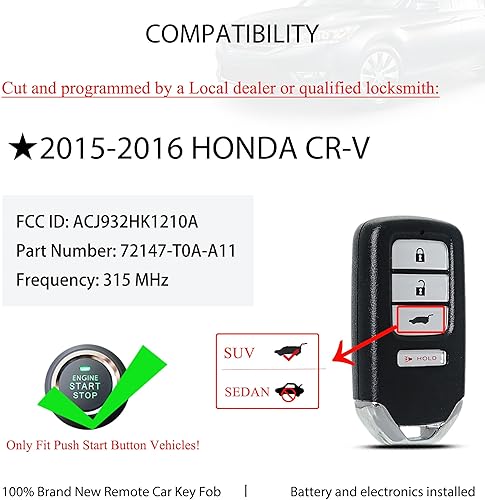 Miniatura 3 de Llavero de repuesto para Honda CRV 2015 2016 Smart Keyless Entry Control remoto ACJ932HK1210A 72147-T0A-A11 35118-T2A-A50