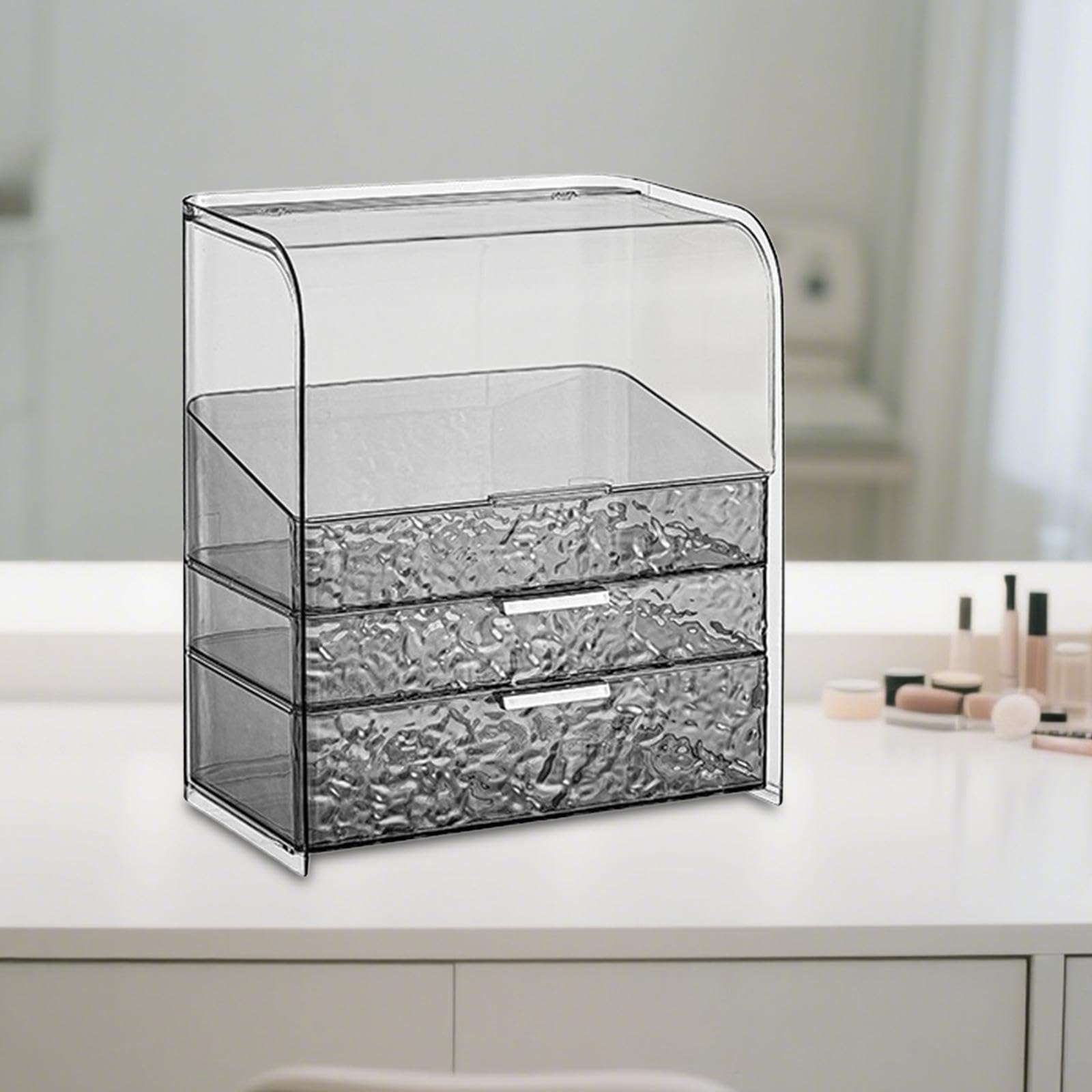 Organizador de Maquillaje Estuche de Almacenamiento Cosmético con Tapa Y Cajones para Mostrador Material Pet Transparente Protección de Maquillaje Ade, Gris, con Tapa