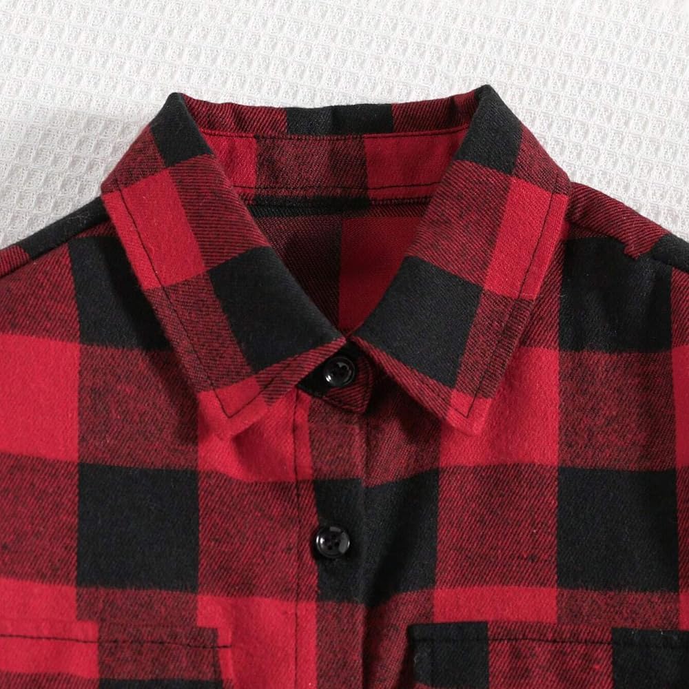 Girls Autumn 2 Piece Outfits Plaid Long Sleeve Button Down Shirt crop Top and Cami Jumpsuit pants set 7-13 Years