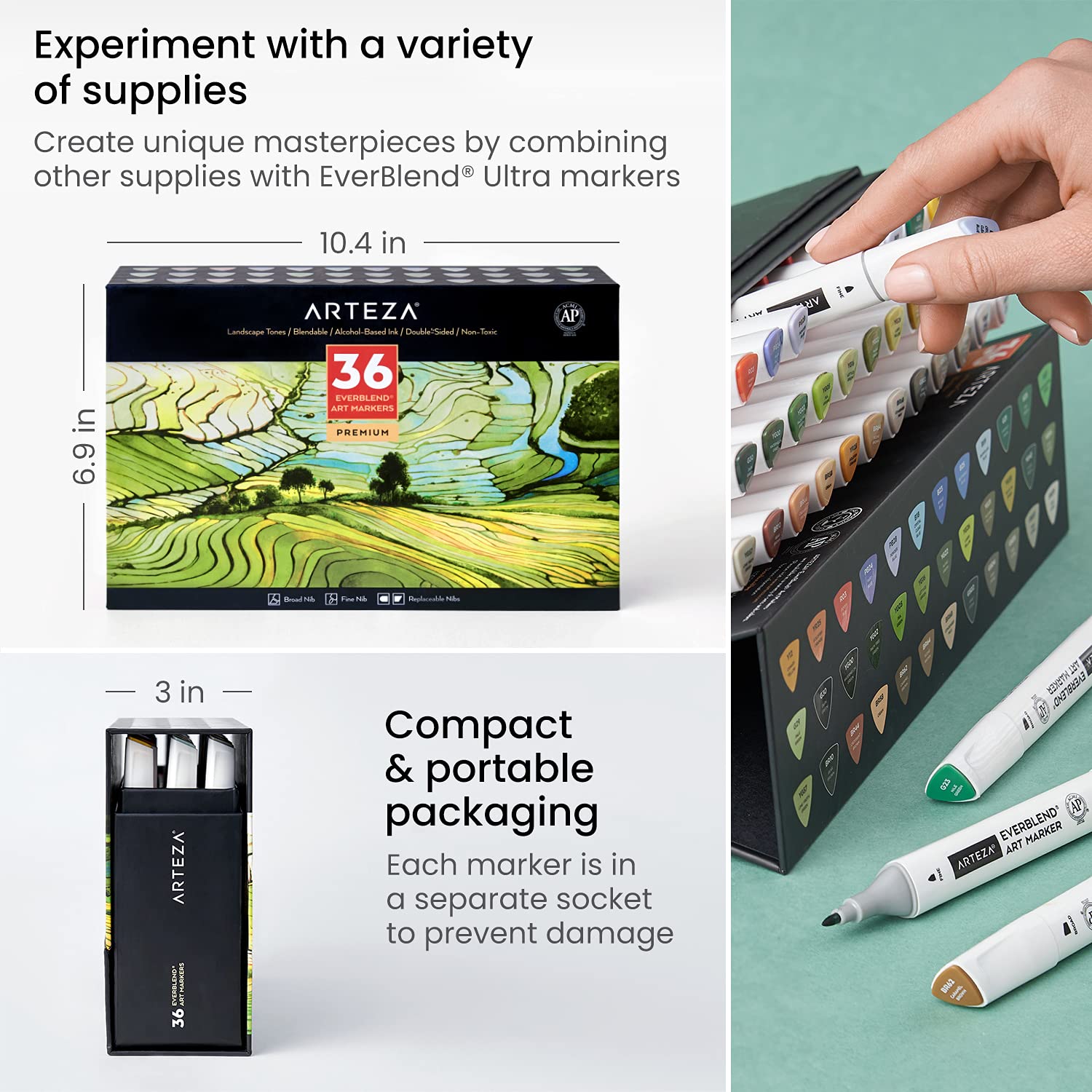 Produktbild von ARTEZA Everblend Ultra Graffiti Stifte, 36er Set Art Marker In Landschaftstönen, Alkohol Marker Mit Zwei Spitzen (feine Und Medium Keilspitze), Twinmarker Zum Färben, Skizzieren Inkl. Organizer Box