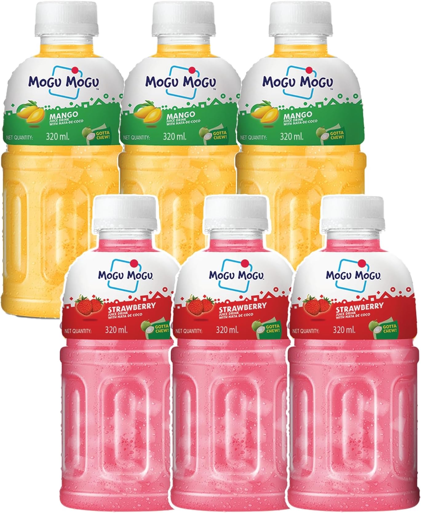 Mogu Mogu Strawberry Mango Juice Drink with Nata de Coco Jelly 320ml (Pack of 6) | Tropical Thai Sip & Chew Drink