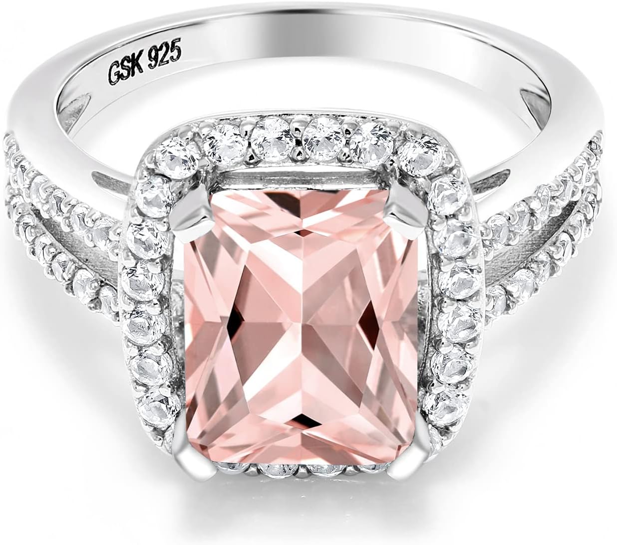 Gem Stone King 3.82 Cttw Peach Nano Morganite Engagement Ring For Women | 925 Sterling Silver | Emerald Cut 10X8MM | Wedding Engagement Anniversary Promise Ring For Women