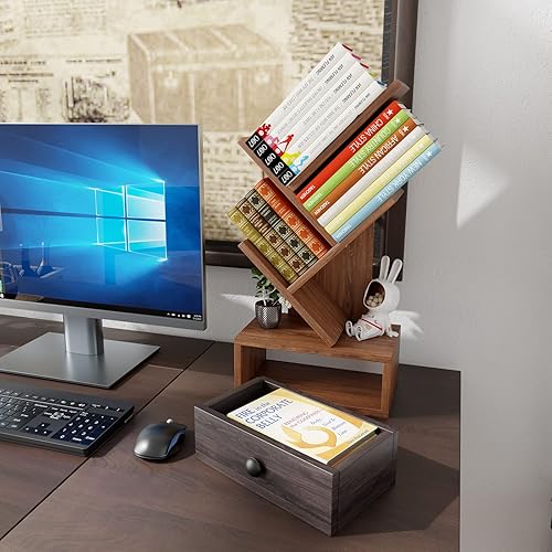 Miniatura 4 de Giantex Estantería de árbol de 5 niveles con cajón, estante de almacenamiento de libros pequeños retro independiente para lugares pequeños,