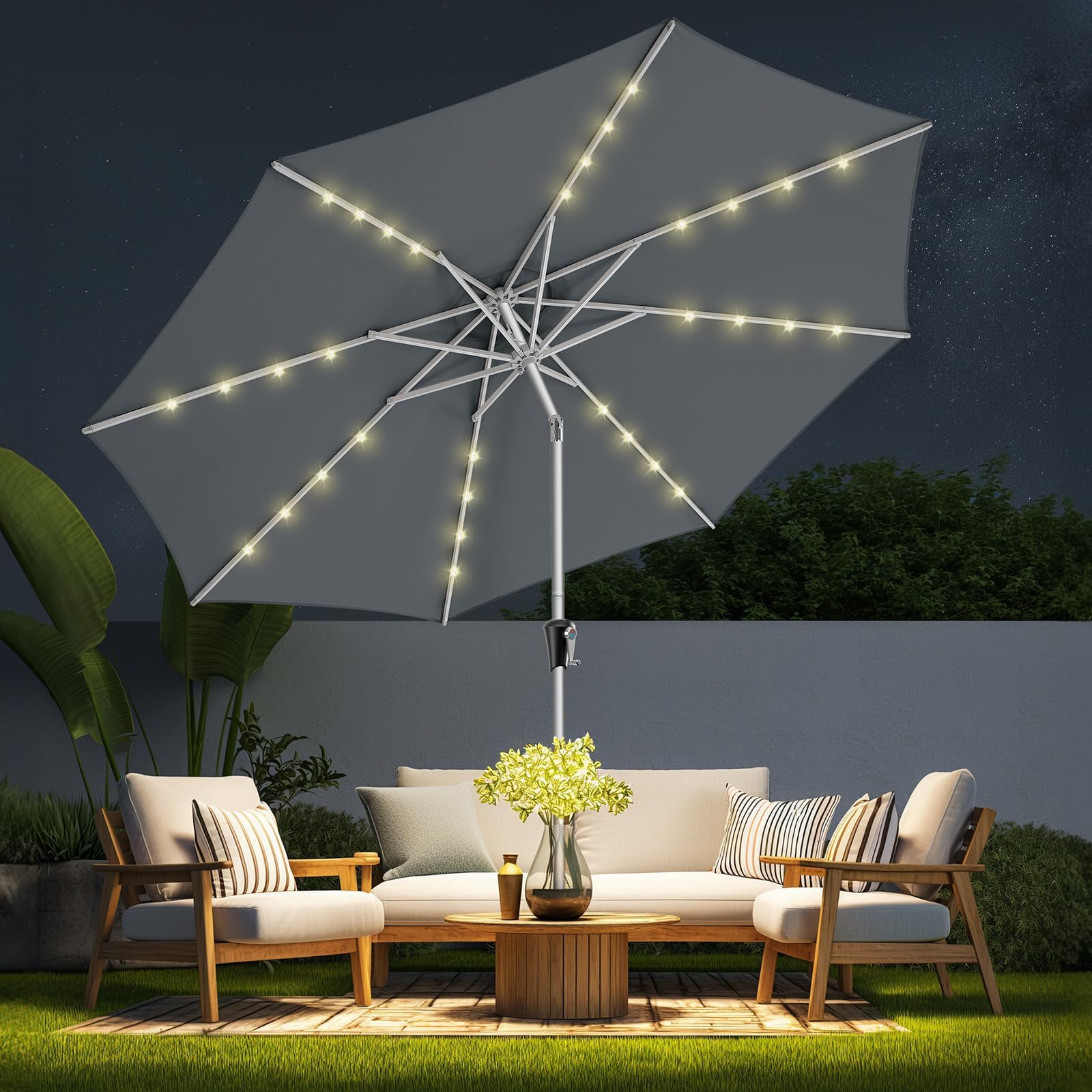 9ft solar patio umbrella - solar lights led lighted outdoor aluminum market table umbrellas, 5-year fade-resistant upf50+ uv protection with push button tilt, crank (dark grey)