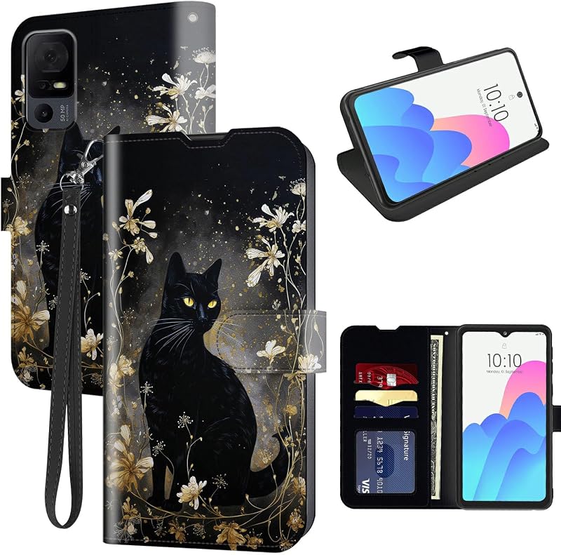 FUYOCWE for TCL 40 XE 5G Phone Case Wallet with Card Holder Slot,PU Leather Kickstand RFID Blocking Magnetic Snap Flip Cover for TCL 40 XE 5G 2023 Released 6.56"-Black Cat with Gold Floral