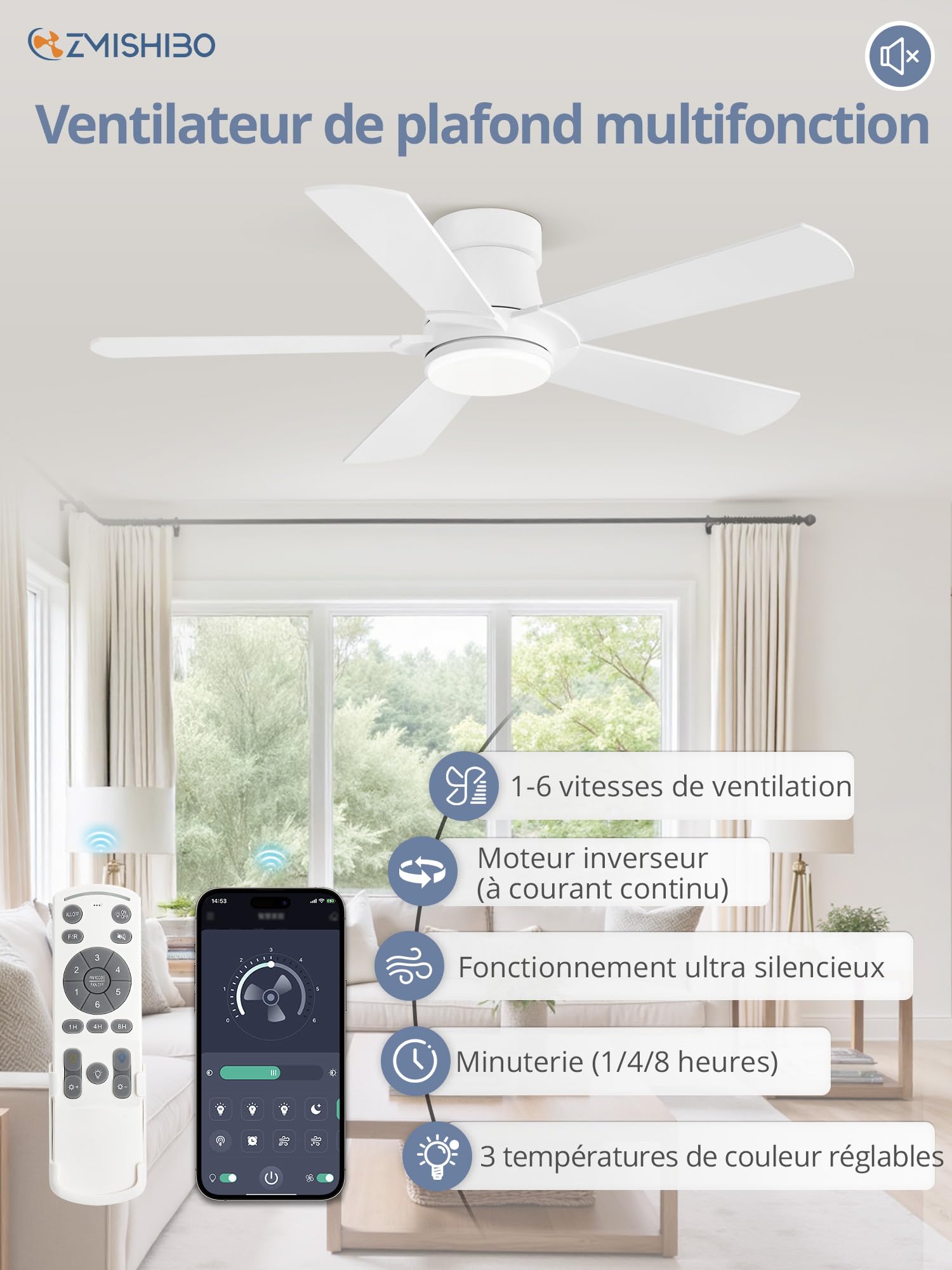 ZMISHIBO Ventilateur de Plafond avec Lumière LED Ø 107 cm, Moteur DC Silencieux, Contrôle par APP et Télécommande, 6 Vitesses, Dimmable