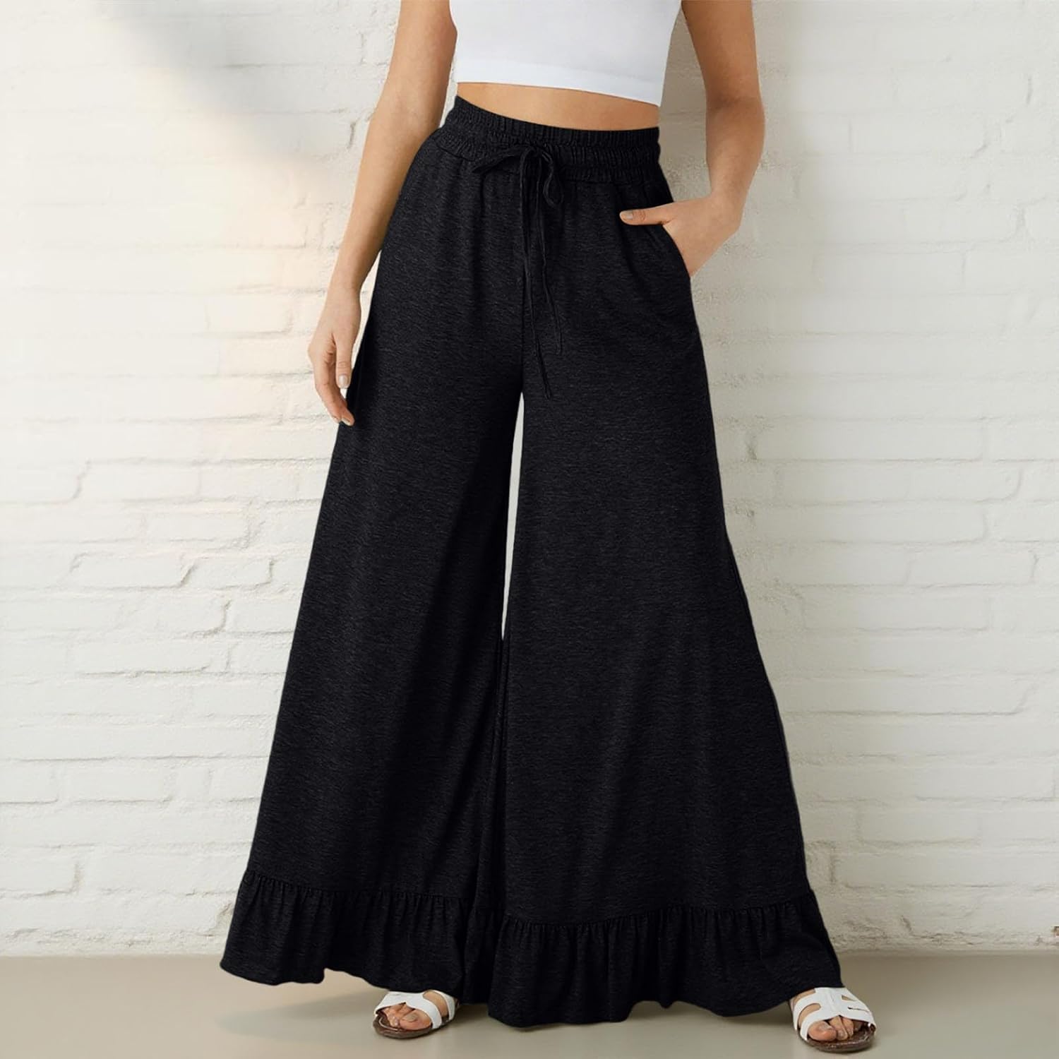 Womens Wide Leg Pants Drawstring Elastic High Waisted Ruffle Hem Palazzo Pant with Pockets Casual Baggy Solid Slack