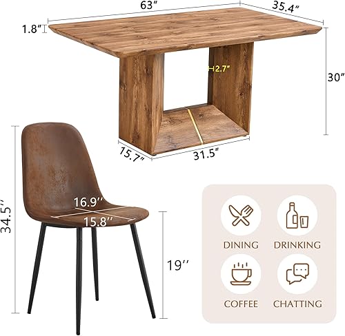 Miniatura 3 de Juego de mesa de comedor de 63'' para 6, juego de mesa de comedor de estilo granja de mediados de siglo para 6, mesa de grano de madera con base en