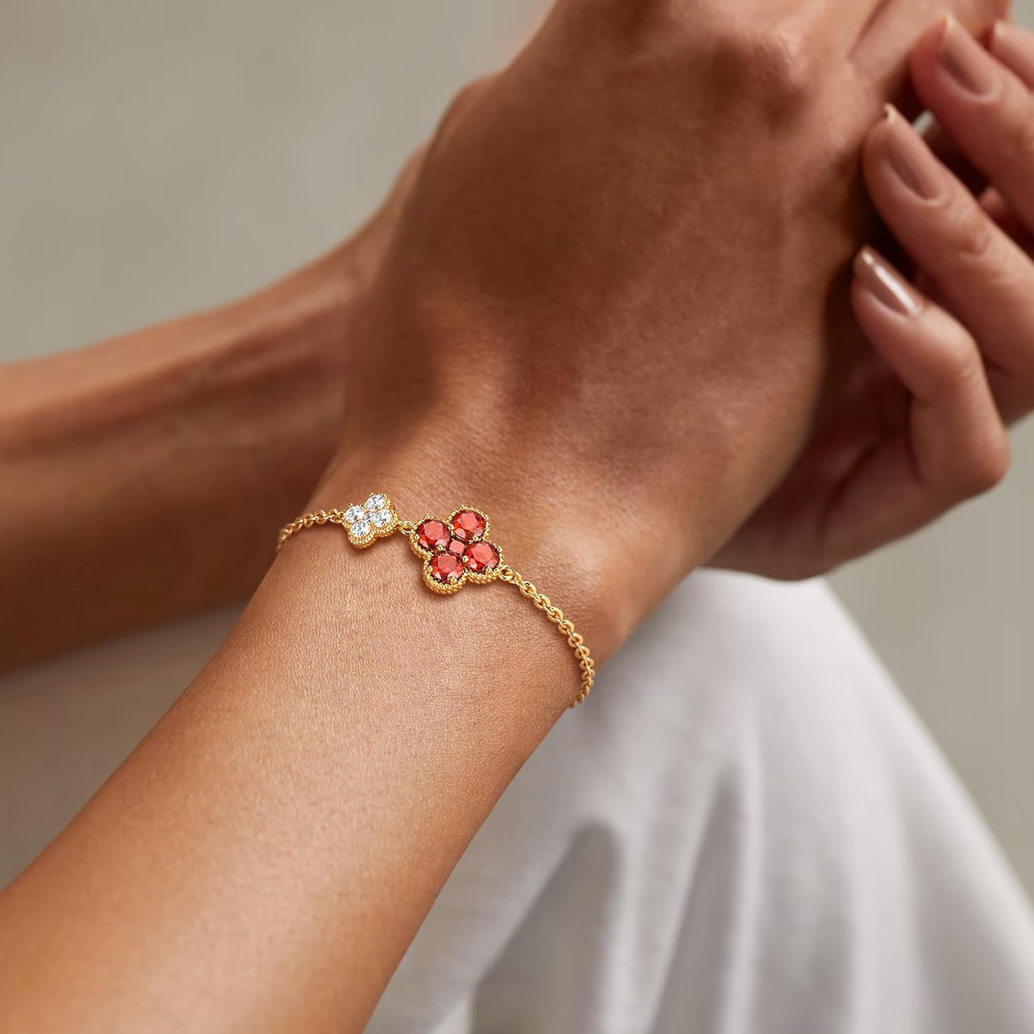 Birthstone Bracelets for Women, 14K Gold Plated Dainty Gold 2 Clover Bracelet Flower Charm Link 12 Month Birthstone Jewelry for Women Trendy Birthday Gifts - Image 2