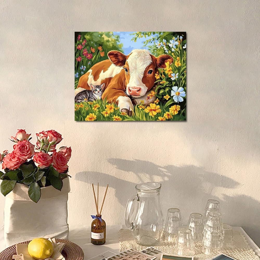 MSTINGSHUN Cute Kitten and Calf Lying in The Flowers Paint by Numbers Farm Decor DIY Painting by Number on Canvas Lovely Cow Painting with Brushes Acrylic Paints for Home 16x20 Inch（with Frame）