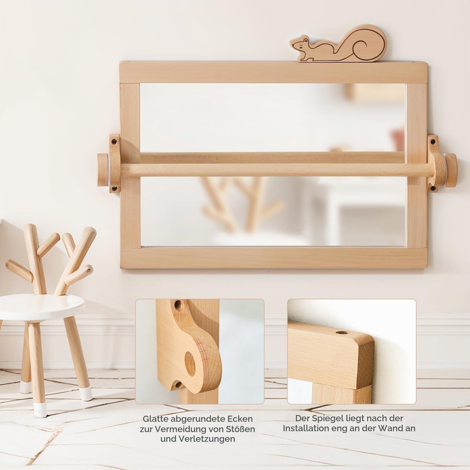 HI Baby MONMENT Montessori-Spiegel mit Stange, Abnehmbarer Holzrahmen, Anti-Chip, Wandmontage, Kinderspiegel
