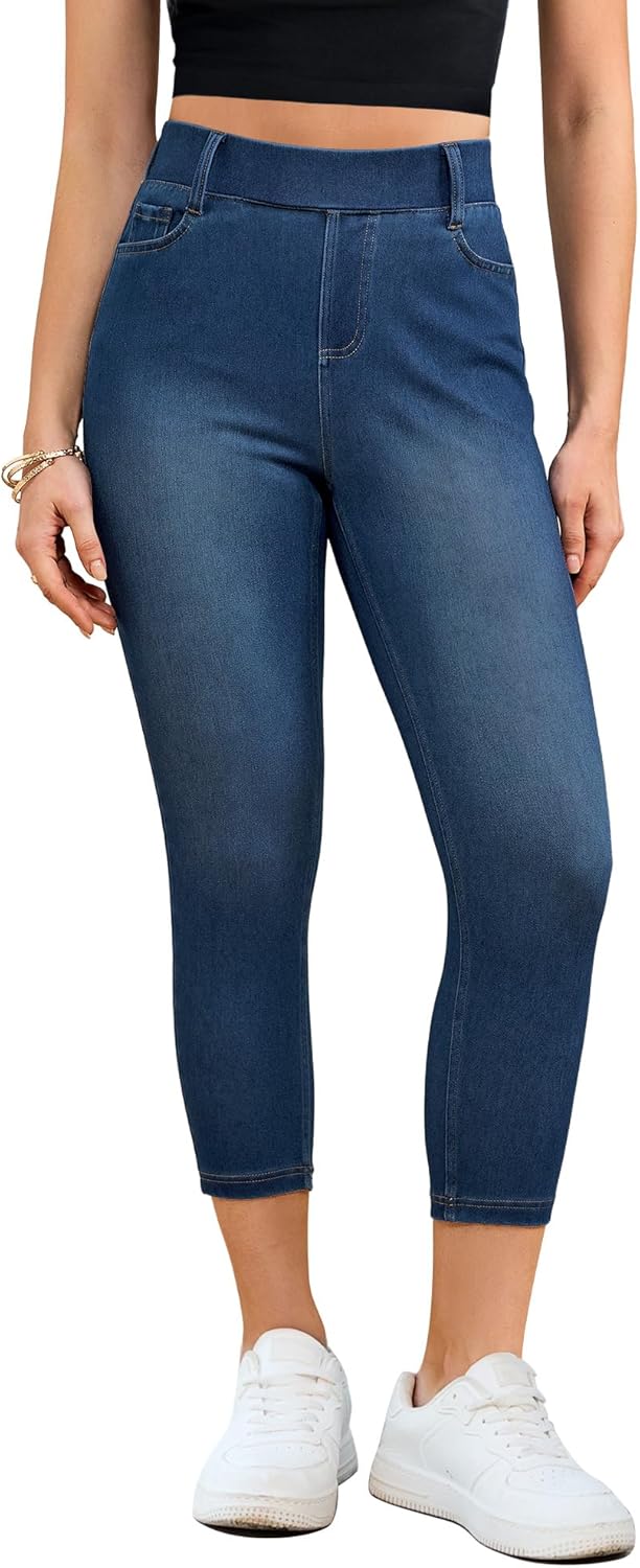 GRAPENT Capri Jeans for Women Skinny High Waisted Pull On Elastic Waist Knit Jeggings Comfy Stretchy Denim Capris Pants