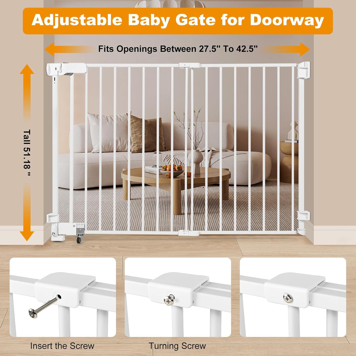 No Bottom Bar Baby Gate, 51.18 inch Tall Cat Pet Gate for Doorway, Adjustable 27.5in- 43 in Dog Gate with Large Walk Thru Door (White, 51.18inch)