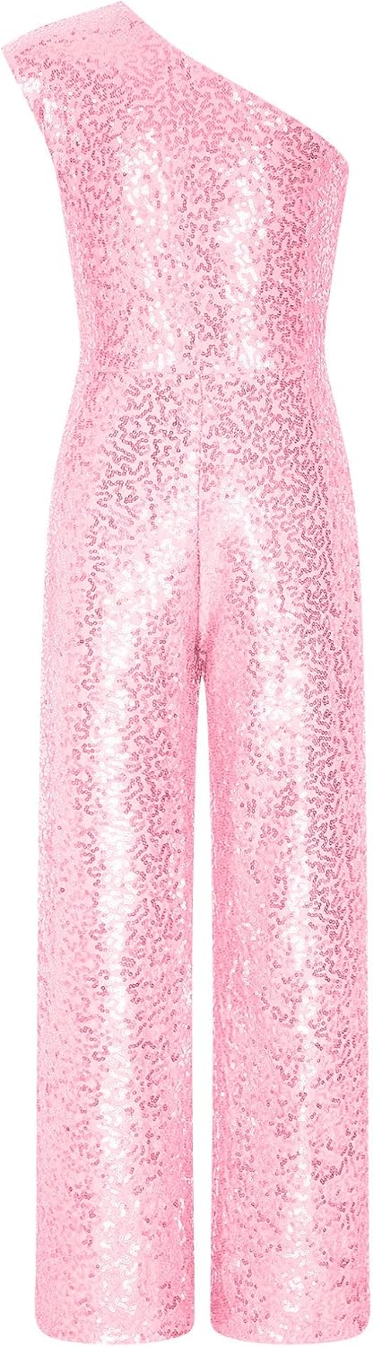 FEESHOW Kids Girls Sequin Sleeveless Jumpsuit One Shoulder Formal Party Romper Wild Leg Pants Disco Dance Prom Leotard