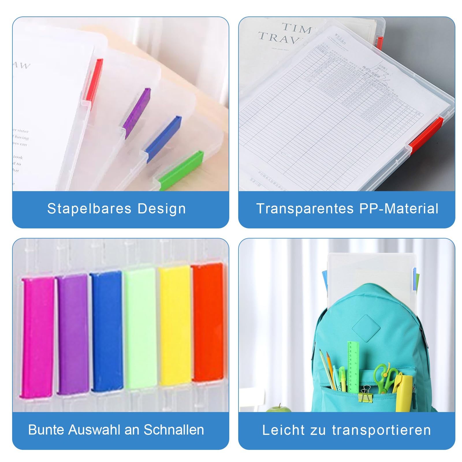 Polegas 6 confezioni di scatole portadocumenti A4, scatole trasparenti con chiusure a clip di diversi colori, scatole con coperchio per conservare carta, materiale artistico, mattoncini da costruzione